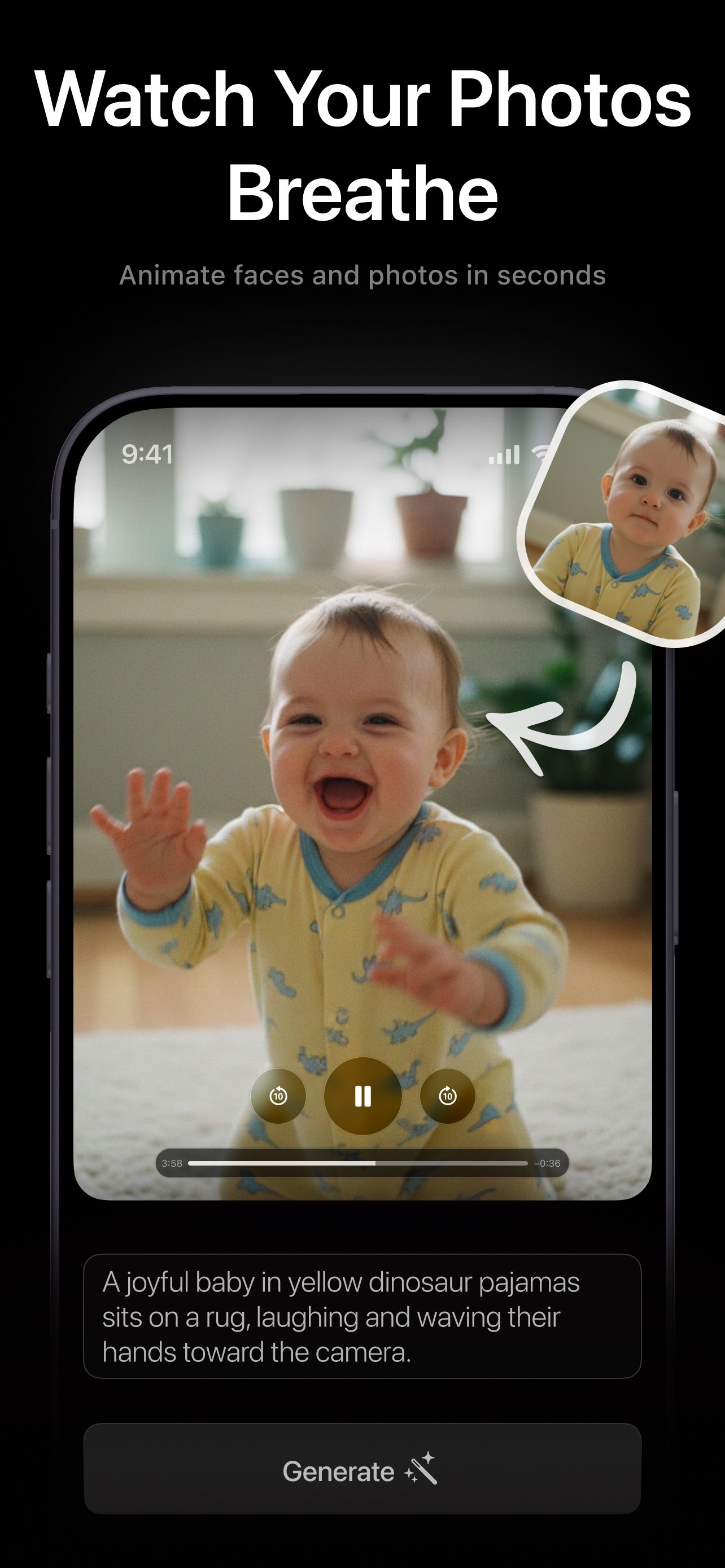 PicAlive bringing a baby photo to life as a video of a laughing baby in yellow pajamas waving toward the camera