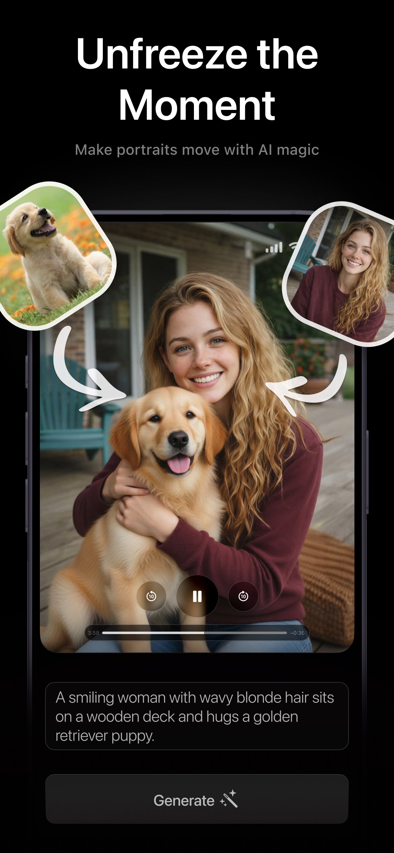 PicAlive animating a portrait into a moving video of a smiling woman with wavy blonde hair hugging a golden retriever puppy on a deck
